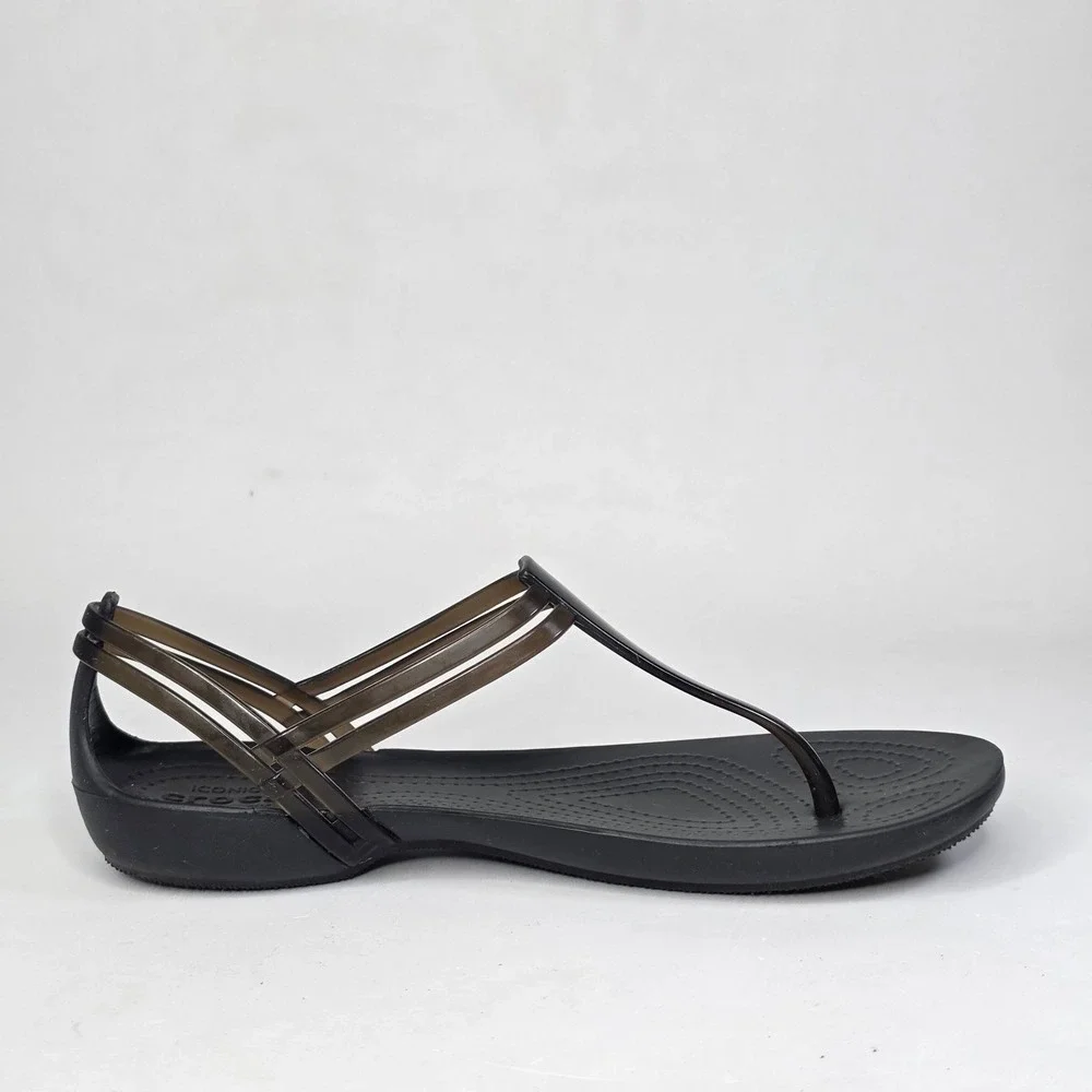 Crocs Isabella T-Strap Sandals Black Strappy Jelly Flat Slip On Shoes Women's 7